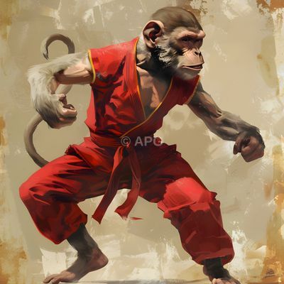 Affe in rotem Kampfanzug (Digitales Kunstwerk)